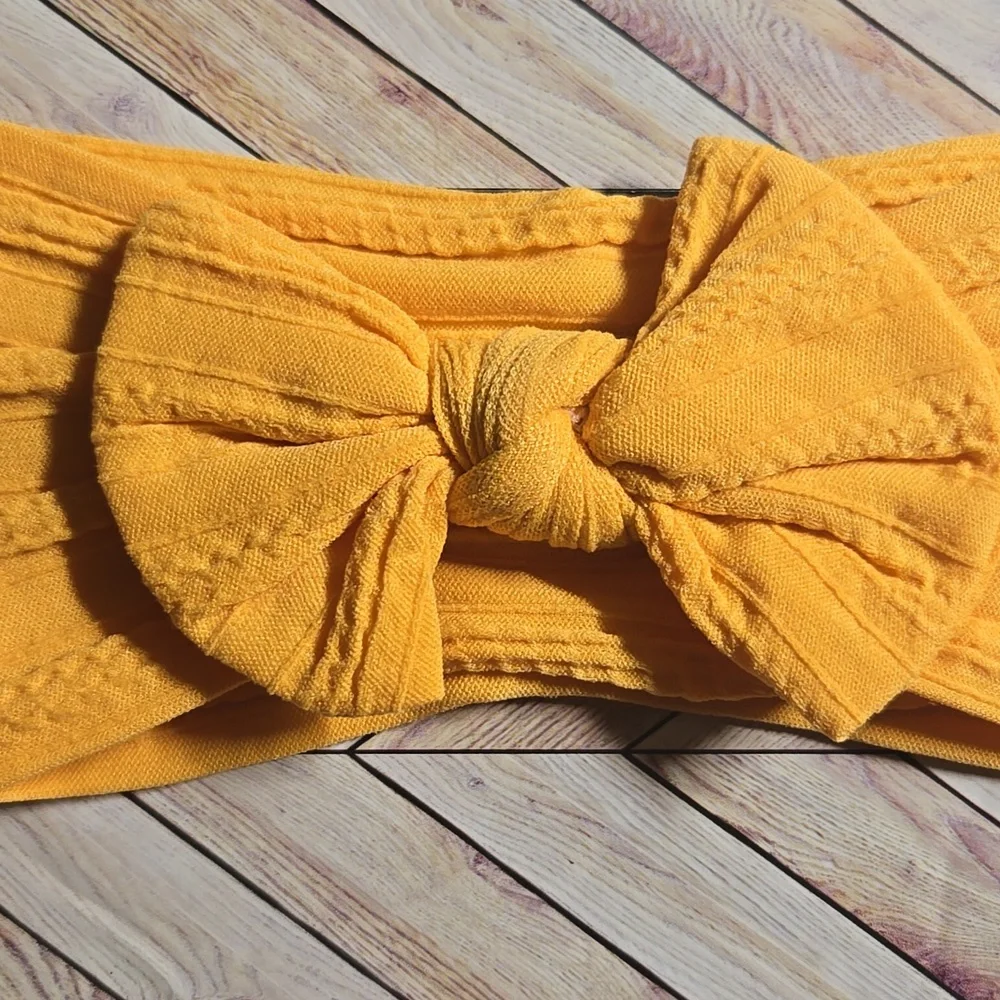 Boho Kids Bowknot Headband Mustard Yellow Cable Knit Baby Turban Soft Hairband